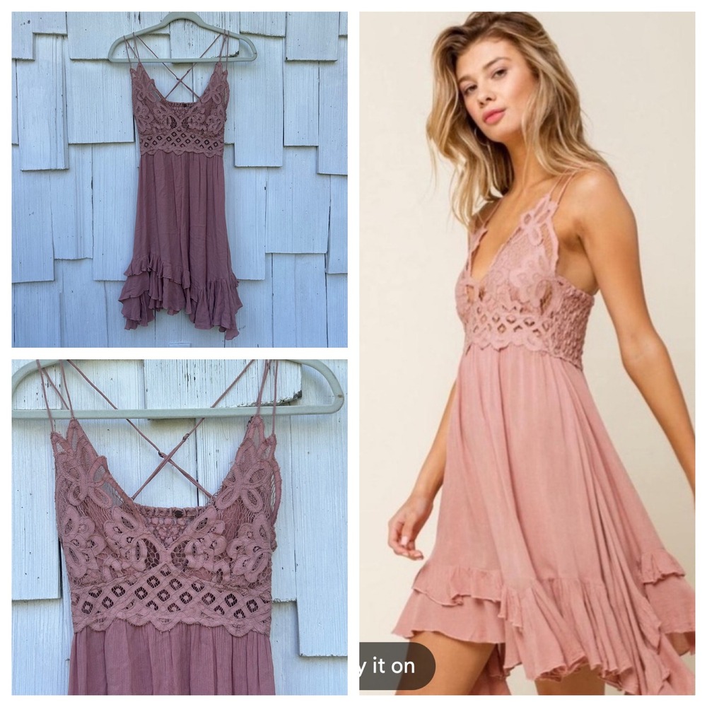 Free People Adella Slip Dress Dusty Pink Crochet Lace Boho Mini Medium OB661170